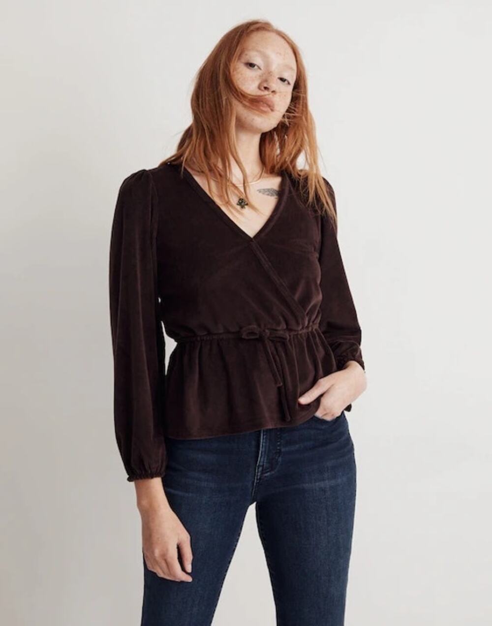 MADEWELL Corduroy Faux Wrap Top Chocolate Brown Long Sleeve Blouse XS Fall Top